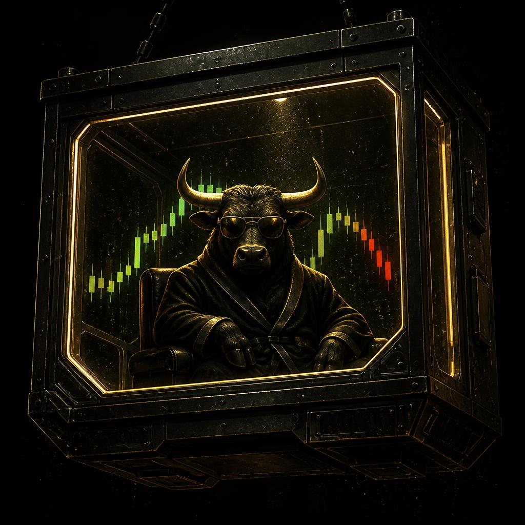 Bull in sunglasses and a robe sitting sealed inside a glowing steel observation box