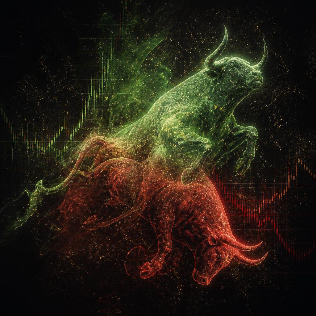 Two ghostly bulls overlapping, one green charging up and one red falling